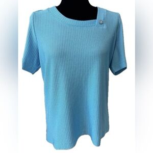Vintage Costa Moda Aqua Ribbed Knit Top Y2K Short Sleeve Blouse Size 14/12 US